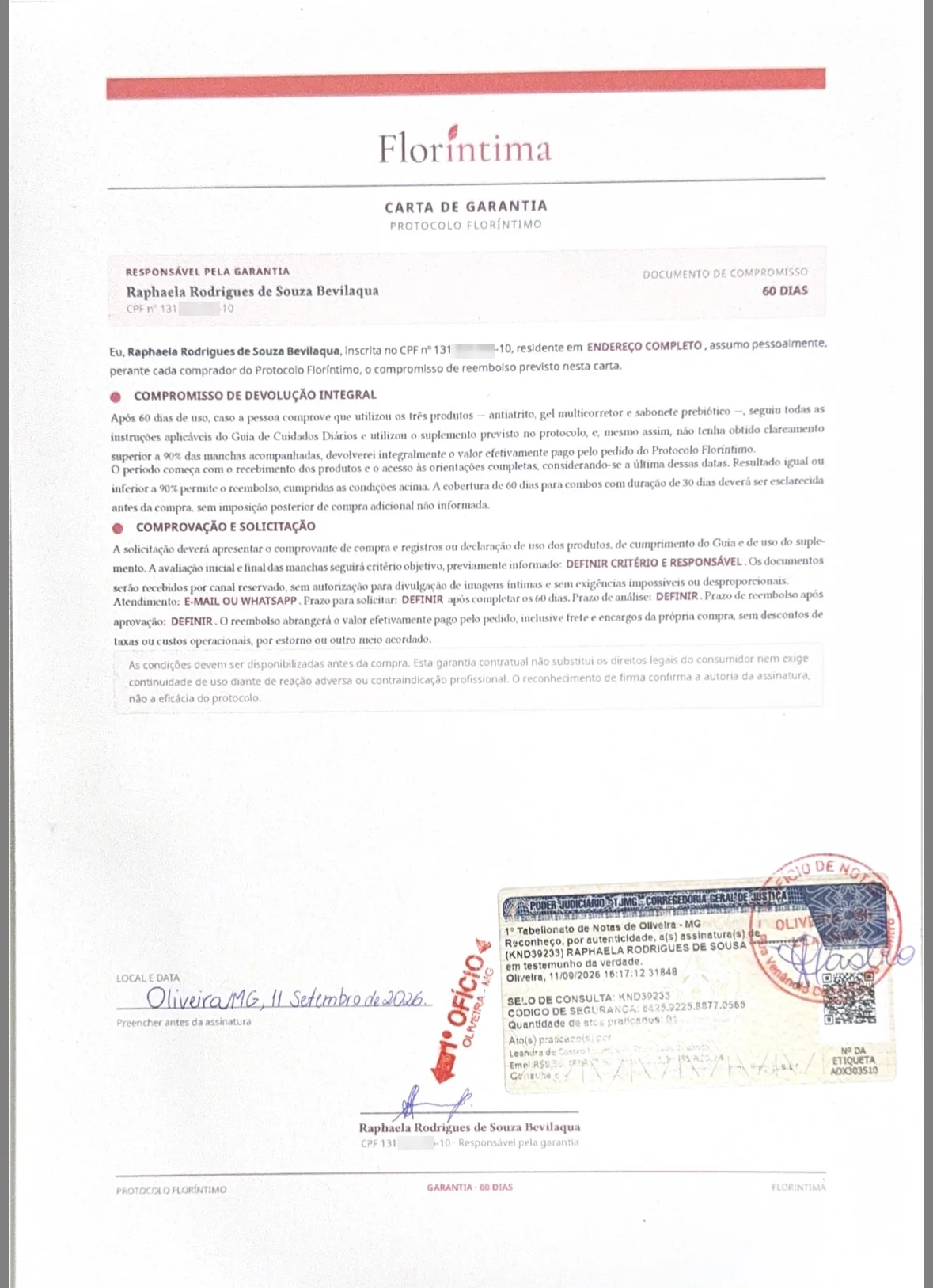 Carta de garantia Floríntima com firma reconhecida em cartório