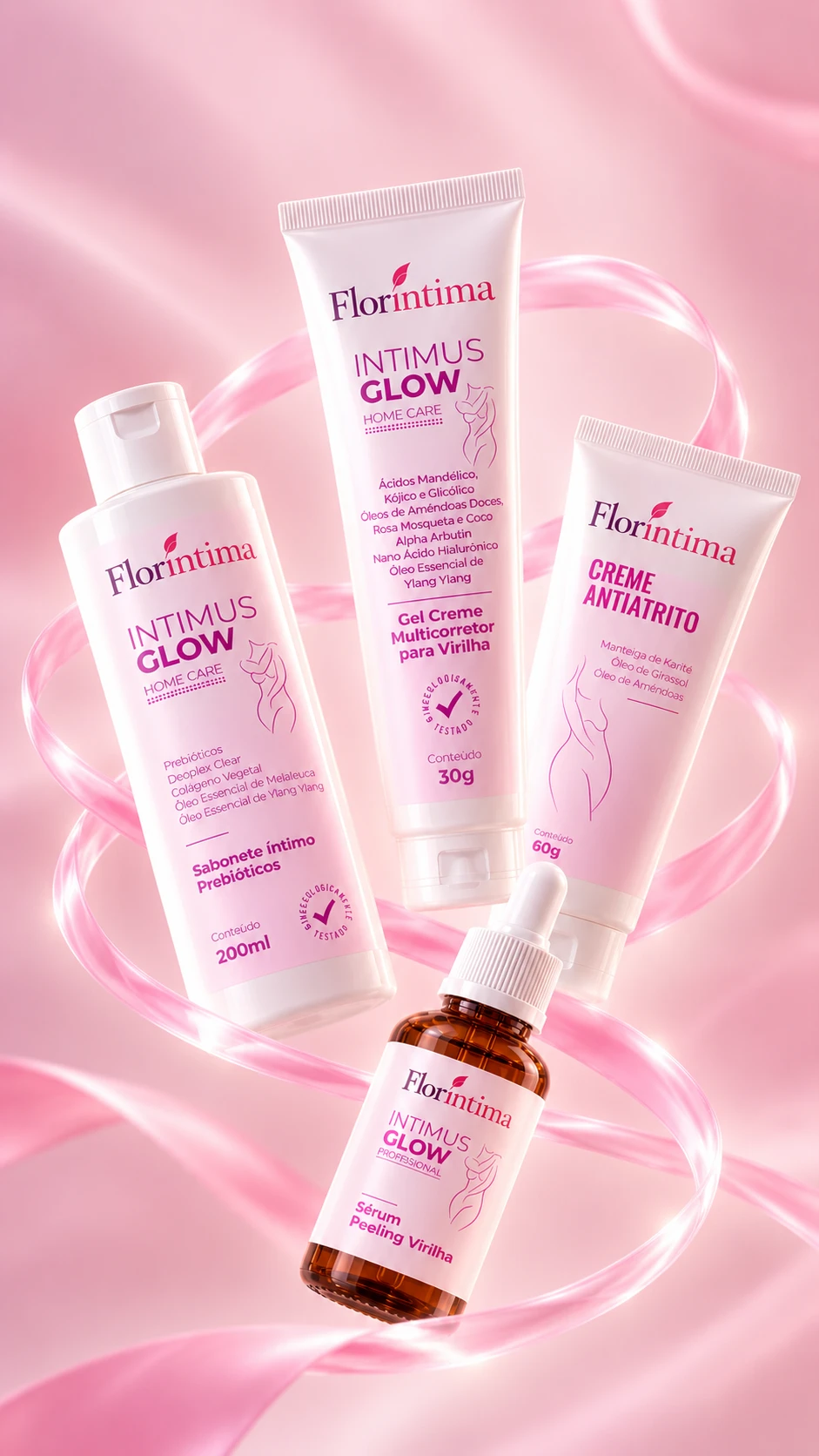 Os 4 produtos Floríntima: sabonete íntimo prebiótico, gel creme multicorretor Intimus Glow, creme antiatrito e sérum peeling